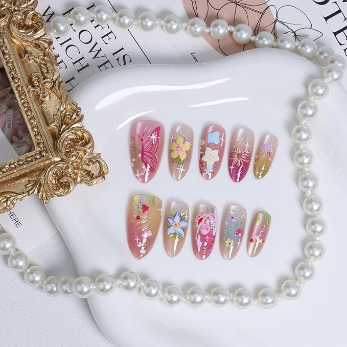 30Pcs Handmade Press on Nails Medium Almond Fake Nails 3D Flower False Nails with Pearl Rhinestones Design Summer Glue on Nails Cute Colorful Floral Acrylic Nails Full Cover Artificial Nails for Women