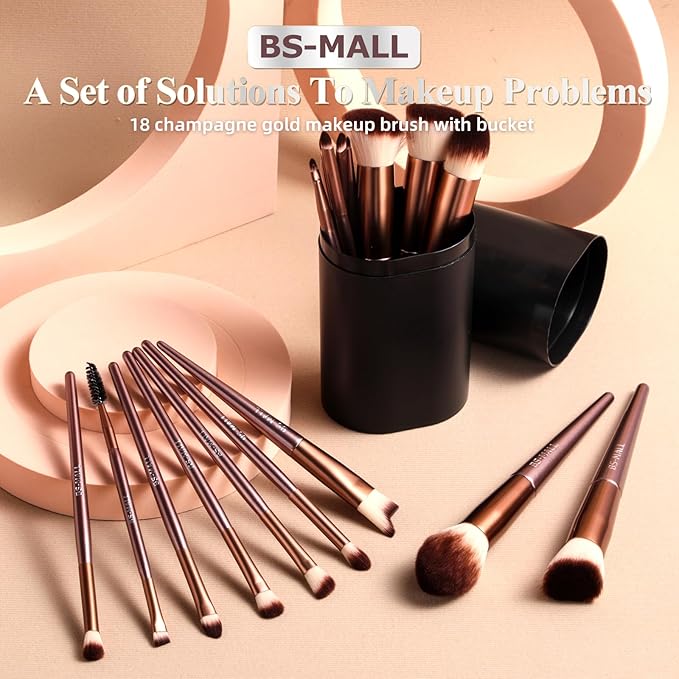 BS-MALL Makeup Brush Set 18 Pcs Premium Synthetic Foundation Powder Concealers Eye shadows Blush Makeup Brushes with black case (B-Brown)