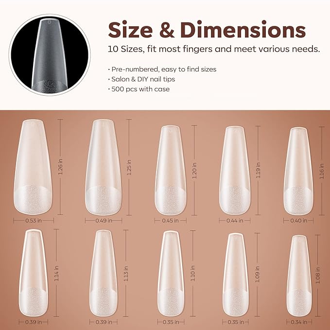 Modelones Long Coffin Nail Tips Fake Nails Gel Tips Full Matte Cover More Friction for Acrylic Professional Extension Gel Manicure Art Design 10 Sizes