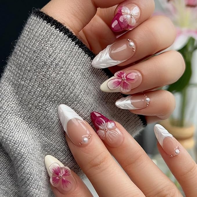 10Pcs Pink French Tip Almond Shaped 3D Floral Pearl Rhinestone Full Cover Tip Glue On Nails