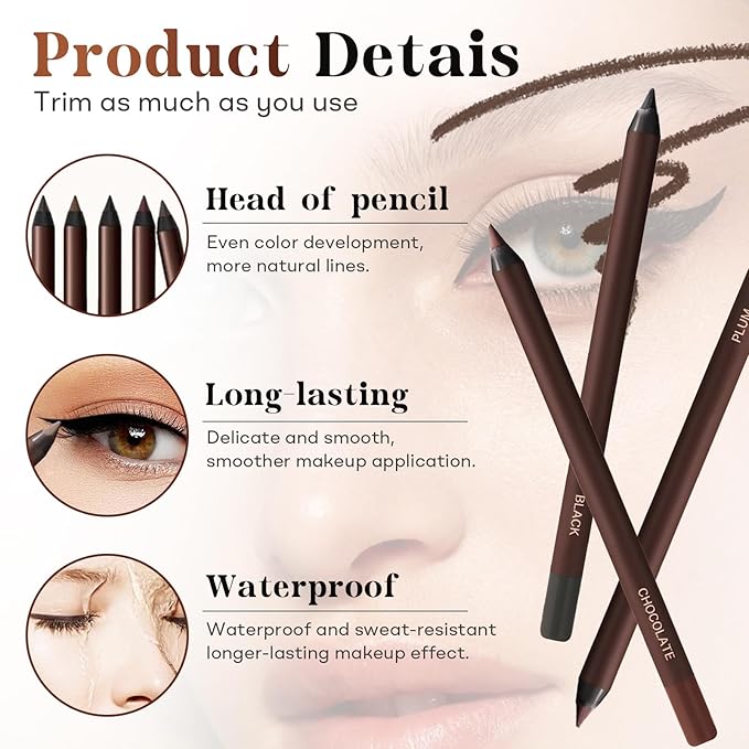 GlamStroke 24 Hr Waterproof Eyeliner Pencil, Long Lasting Sharpenable Eye Liner, No Smudge, No Fade, Smooth Glide for Precise Eye Makeup (Black+Brow)