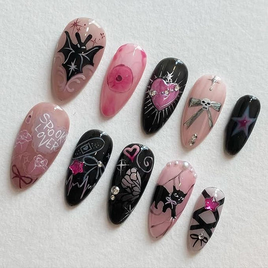 24Pcs Halloween Press on Nails Almond Medium Fake Nails Y2k Bat Cat Heart Star Rhinestone Design Gothic Acrylic Nails Black Pink Glue on Nails Bow False Nails Halloween Artificial Nails for Women