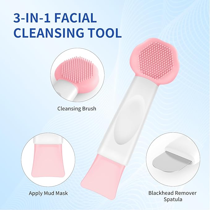Silicone Face Scrubber, 3 in 1 Pore Brush Skin Scrubber Face Spatula with Face Mask Applicator Tool, Pore Cleaner, Blackhead Remover, Makeup Removal, Mud Mask, Body Lotion (Pink)