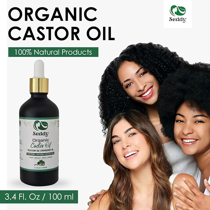 Seddy Organic Castor Oil with Rosemary & Peppermint in Dark Glass Bottle - Cold Pressed | Hexane-Free | Scalp, Hair, Eyelashes, Eyebrows, Skin, & Nails | Hair Treatment Oil - 3.4 Fl. Oz