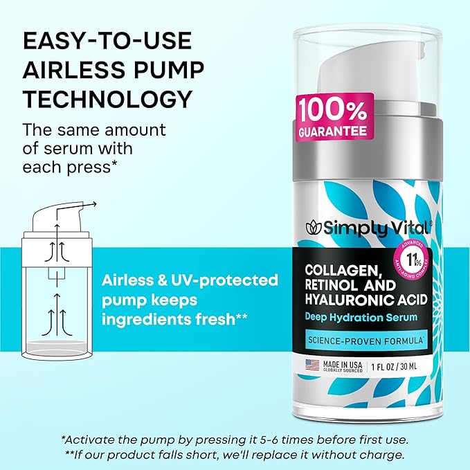 SimplyVital Collagen, Retinol & Hyaluronic Acid Serum - Anti-Aging Moisturizer for Face, Neck & Décolleté - Made in USA, Deep Moisturizing Skin Care Complex - Hydrating Facial Serum for Women, 1 fl.oz