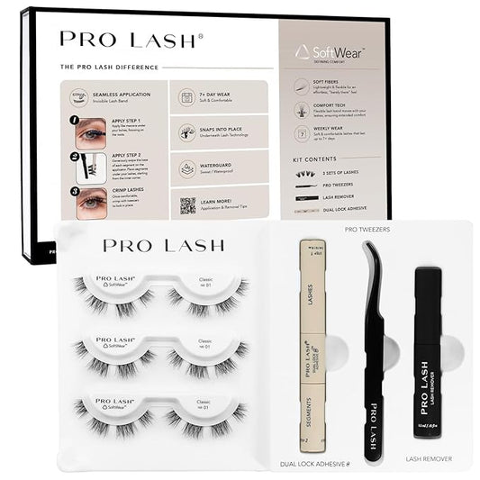Pro Lash SoftWear Starter Lash Clusters Kit - Seamless, Lightweight Lashes - 7-Day Eyelash Extensions - 3 Sets of False Eyelashes Plus Adhesive, Remover, Tweezers - Classic No. 01 Black