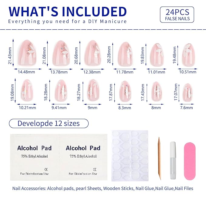 Fall Short Press On Nails Almond, Nude Fake Nails accented with golden glitter and Graceful White Floral Petal Design, Glossy Gel Finish Acrylic Nails, Natural Reusable Glue On Nails Kit for Women