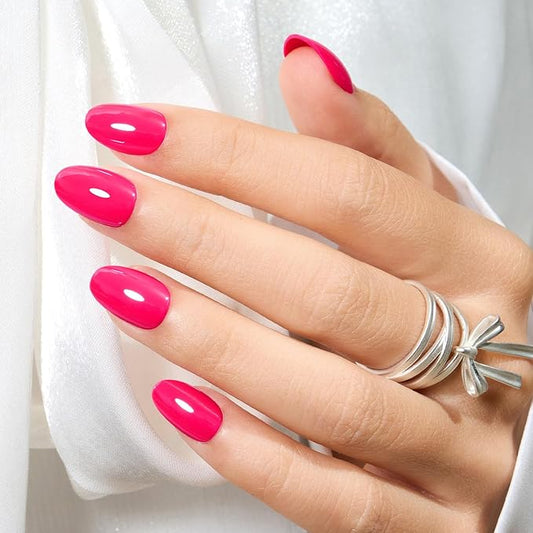 Modelones Press on Nails Short, Oval Fake Nails, Reusable Nail Kit with Nail Glue Adhesive Tabs Mini Nail File, Nails Press Ons 32Pcs 16Sizes, Women Girl Gift, Chrome Pink