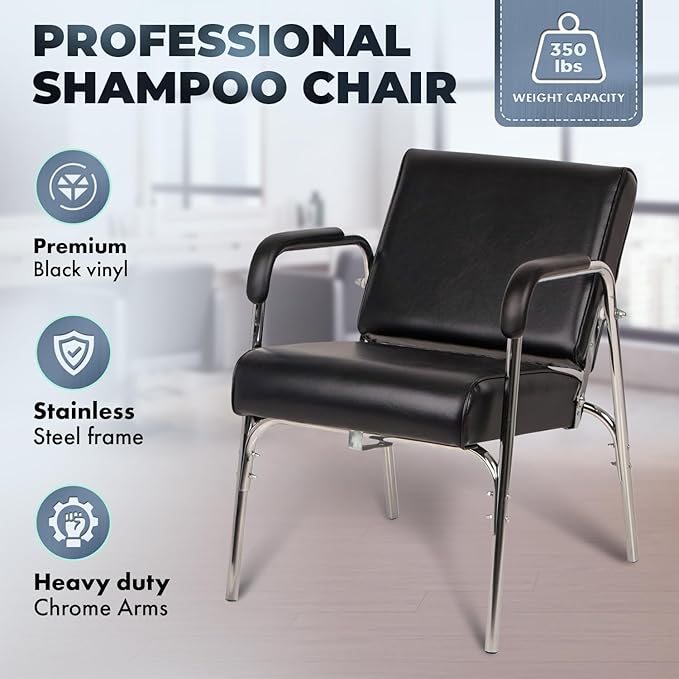 Buy-Rite Kate Auto Reclining Shampoo Chair with Extra Thick Cushion, Heavy Duty Chrome Arms, Black Vinyl, Ergonomic Solid Backrest - Portable Salon Chair for Shampoo Bowls, SY-92272