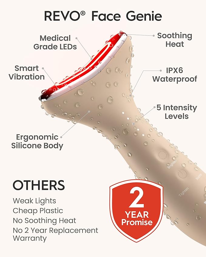 REVO Genie | 3-in-1 Face & Neck Beauty Massager with Heat, 3 Light Therapies, Smart Vibration | Powerful Red Light, Blue Light, and Green Light Therapy for Wrinkles, Hyperpigmentation, Acne & More