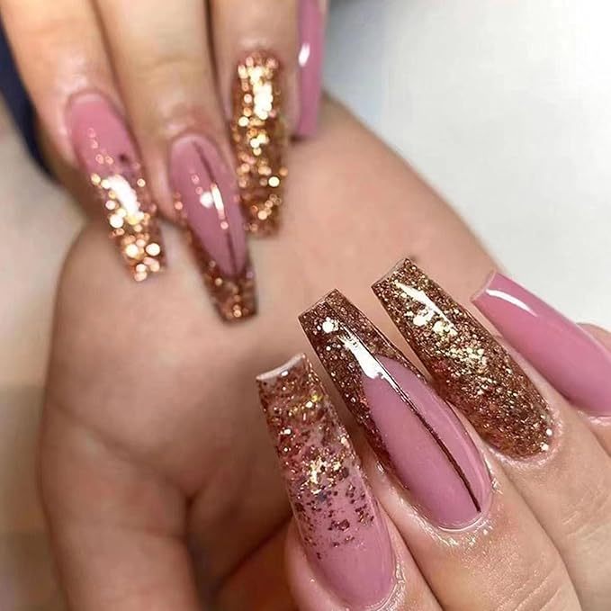 Extre Long Press on Nails Coffin Long Fake Nails with Golden Glitter Design Brown Lines French Tip Glue on Nails Purple-Pink False Nails Press ons Glossy Artificial Stick on Nails for Women 24Pcs