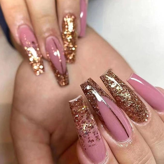 Extre Long Press on Nails Coffin Long Fake Nails with Golden Glitter Design Brown Lines French Tip Glue on Nails Purple-Pink False Nails Press ons Glossy Artificial Stick on Nails for Women 24Pcs