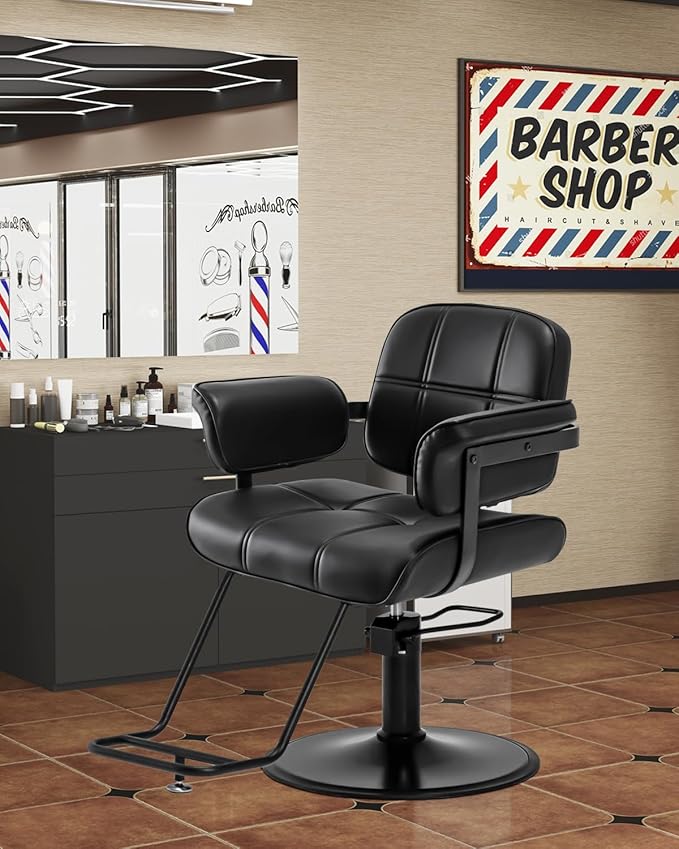 Barber Salon Chair, Extra Wide Hair Styling Chair with Heavy Duty Hydraulic Pump, 360° Swivel Height Adjustable Braiding Design, Luxury Beauty Salon and Barbershop Equipment, Black