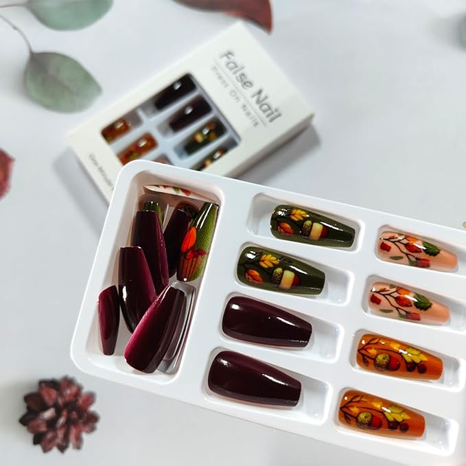 Autumn Thanksgiving Press on Nails Medium Coffin Pumpkin Acorn Fake Nails Fall Maple Leaf Stick on Fingernails Colorful Leaves Acrylic False Nails Glossy Gel Glue on Nail for Women 24Pcs