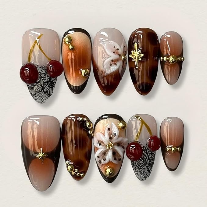 24Pcs Fall French Tip Press on Nails Medium Almond Fake Nails 3D Handmade False Nails Gold Beads Design Fall Flower Acrylic Nail Cherry Star Gems Cute Glue on Nails for Autumn Winter Manicure