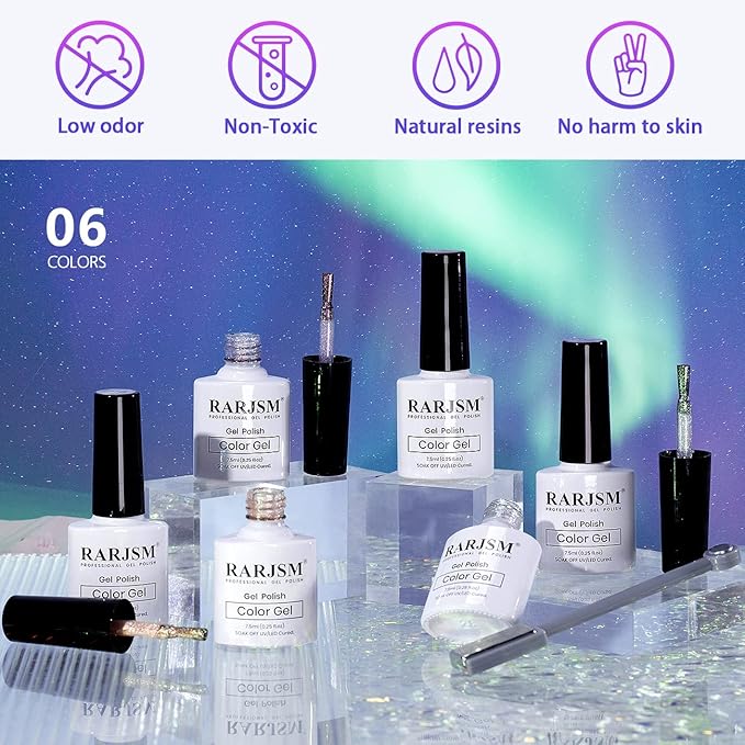 RARJSM Aurora Cat Eye Gel Nail Polish Set 6 Colors Velvet Silver Glitter Purple Pink Green Champagne Galaxy Star Cloud Ice Gel Polish with Magnet Stick UV LED Curing Requires Soak Off Home Salon