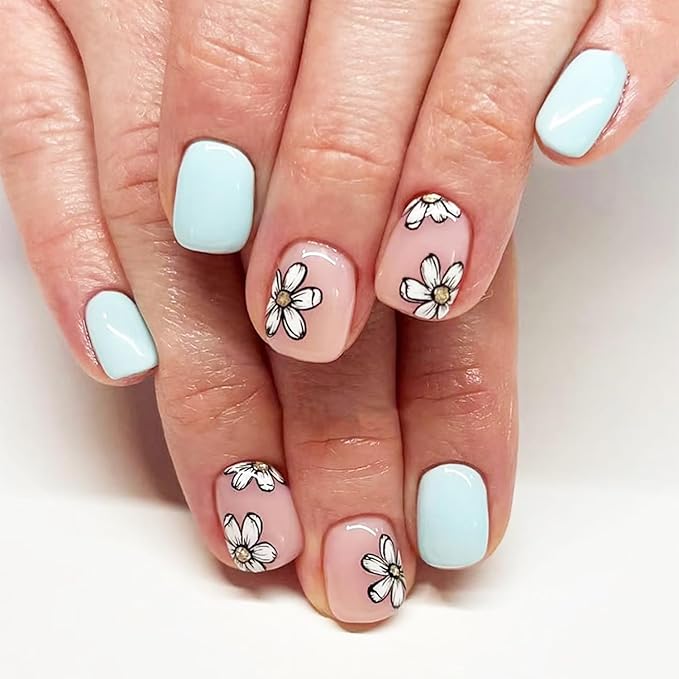 24 Pcs Short Square Press on Nails Spring Fake Nails With Designs Cute Flower False Nails Artificial Acrylic Nail Kit Light Blue Full Cover Stick on Nails Glossy Pink Flowers Glue on Nails For Women