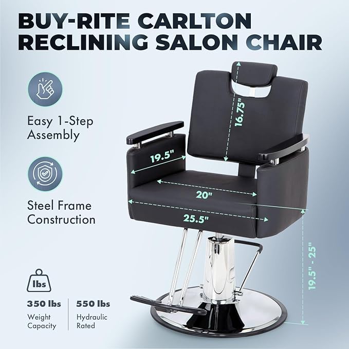 Buy-Rite Carlton Reclining All-Purpose Salon Chair - Professional Hydraulic Styling Chair for Hair, Barber, Shampoo, Threading, Waxing - Adjustable Headrest, 550 lb Lift, Black, YLG-166