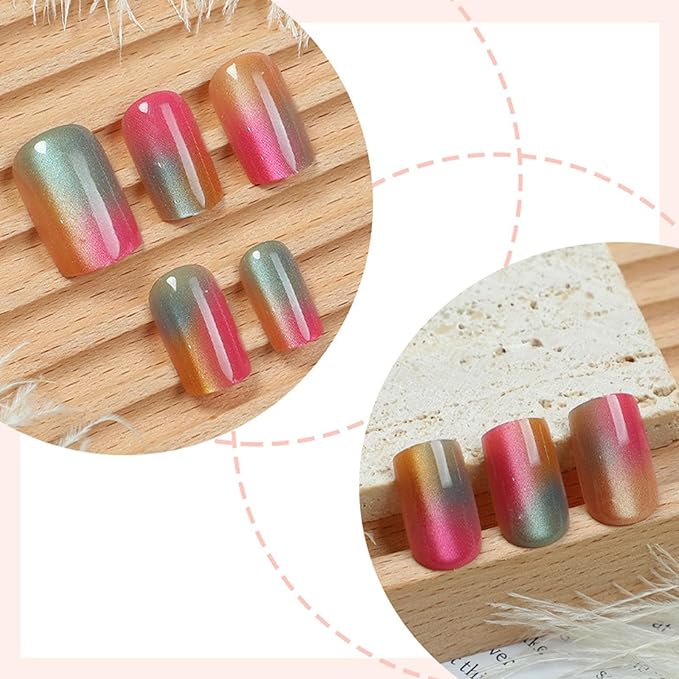 Cat Eyes Press on Nails Medium Square Fake Nails with Green Pink Orange Gradient Designs Glossy Glue on Nails Cute Acrylic Nails for Women 24Pcs