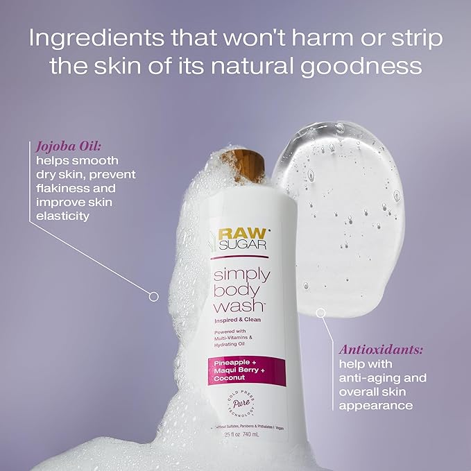 RAW SUGAR Simply Body Wash - Pineapple + Maqui Berry + Coconut, Moisturizing & Brightening Bath & Shower Gel, Sulfate-Free, Paraben-Free & Vegan (Pack of 3)