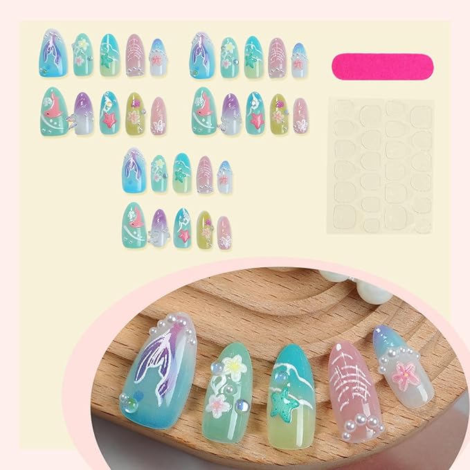 30Pcs Blue Press on Nails Medium Almond Handmade Fake Nails Summer Ocean Series Mermaid False Nails 3D Pearl Starfish French Tips Press On Flower Full Cover Stick on Nails for Women