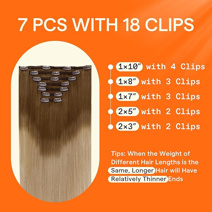 Full Shine Clip in Hair Extensions Golden Brown to Dirty Blonde Real Remy Hair Clip in Extensions Durable Human Hair Extensions 16 Inch Hairpiece for Women 7 Pcs
