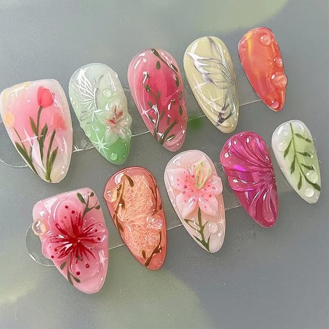 Almond Press on Nails Medium Fake Nails Colorful Flower Acrylic Nails Silver Butterfly Stick on Nail Reusable Leaf False Nail with Glue Artificial Glue on Nail for Women Manicure Decorations 24Pcs