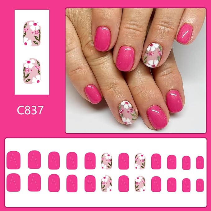 Flower Press on Nails Short Square Fake Nails Pink False Nails Spring Summer Glossy Full Cover Acrylic Nails Cute Floral Glue on Nails Shiny Artificial Stick on Nails for Women Manicure 24 Pcs