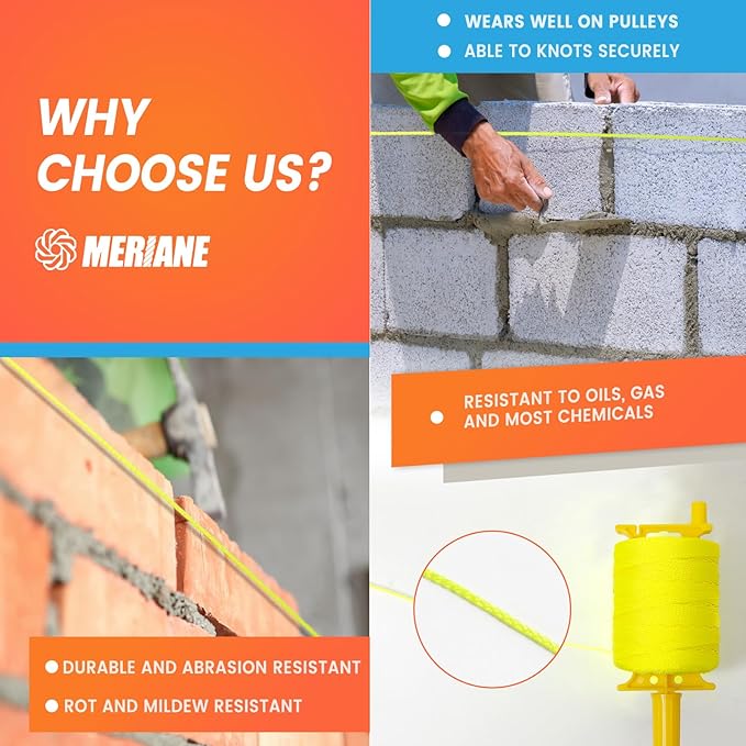 1000FT Mason Line w/Reloadable Line Reel, 18# Braided Twine String for Masonry Job, Level Lines in Construction, Gardening, Fluorescent Yellow