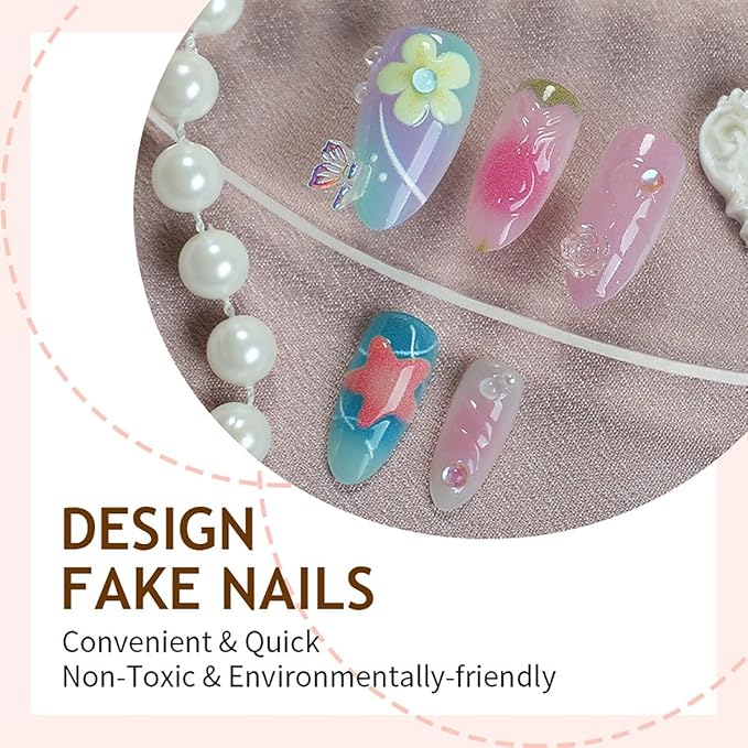 24Pcs Pink Flower Press on Nails Medium Almond Fake Nails with 3D Gold Shell Pearl Design Colorful French Tip False Nails Full Cover Artificial Glue on Nails Summer Beach Stick on Nail for Women