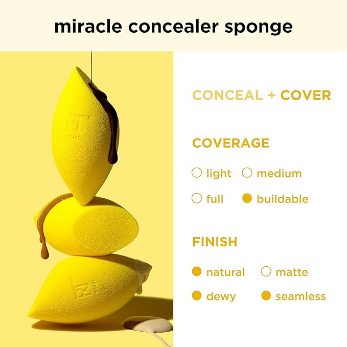 Real Techniques Miracle Concealer Sponge, Makeup Blending Sponge For Liquid & Cream Concealer, Elongated Shape For Precise Application Under Eyes & Tight Areas, Yellow, Latex-Free Foam, 2 Count