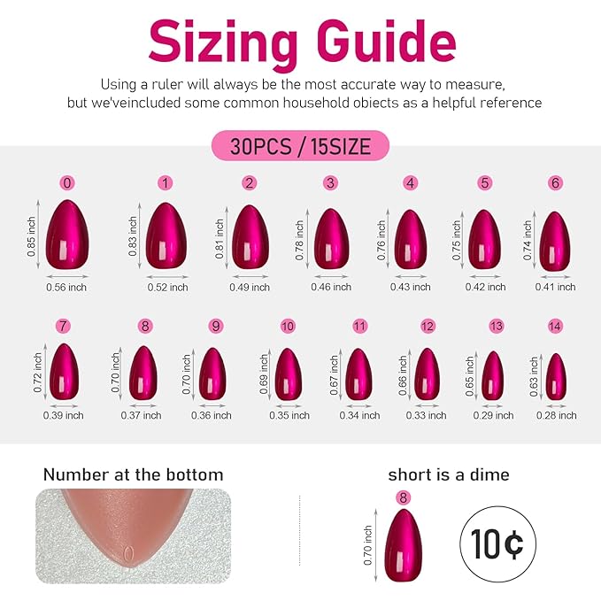 Press on Nails Short-Hot Pink Cat Eye Press on Nails Almond Natural Fit & Glossy Stick on Nails with Glue in 15 Sizes-30 Reusable Fake Nails with Glue & Glue Remover