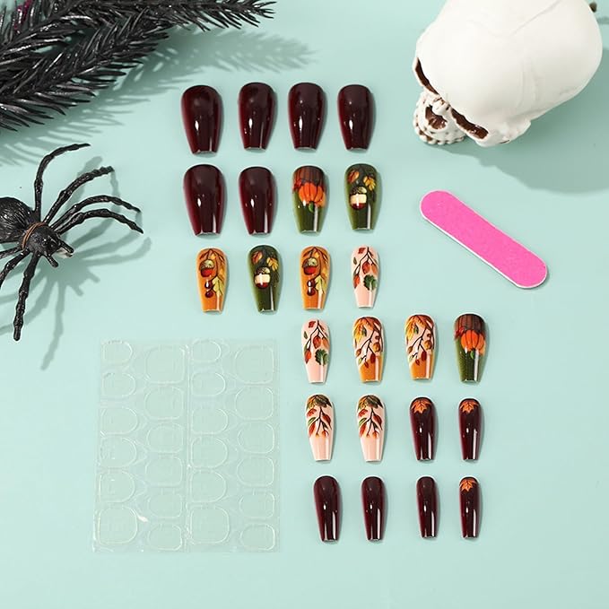 Autumn Thanksgiving Press on Nails Medium Coffin Pumpkin Acorn Fake Nails Fall Maple Leaf Stick on Fingernails Colorful Leaves Acrylic False Nails Glossy Gel Glue on Nail for Women 24Pcs