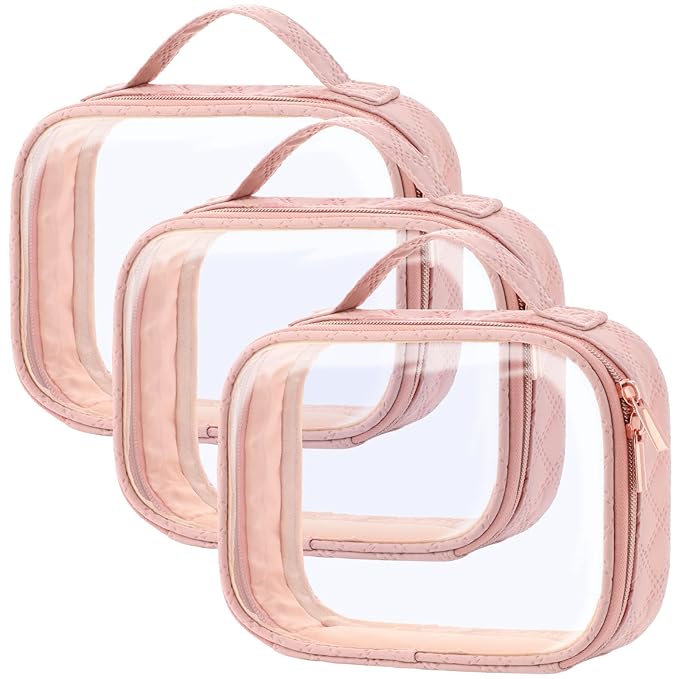 PACKISM TSA Approved Toiletry Bag, 3 Pack Clear Makeup Bags with Handle Large Opening, Clear Toiletry Bags Fit Carry-on Travel Essentials, Quart-sized Travel Bags for Toiletries, Rose Pink