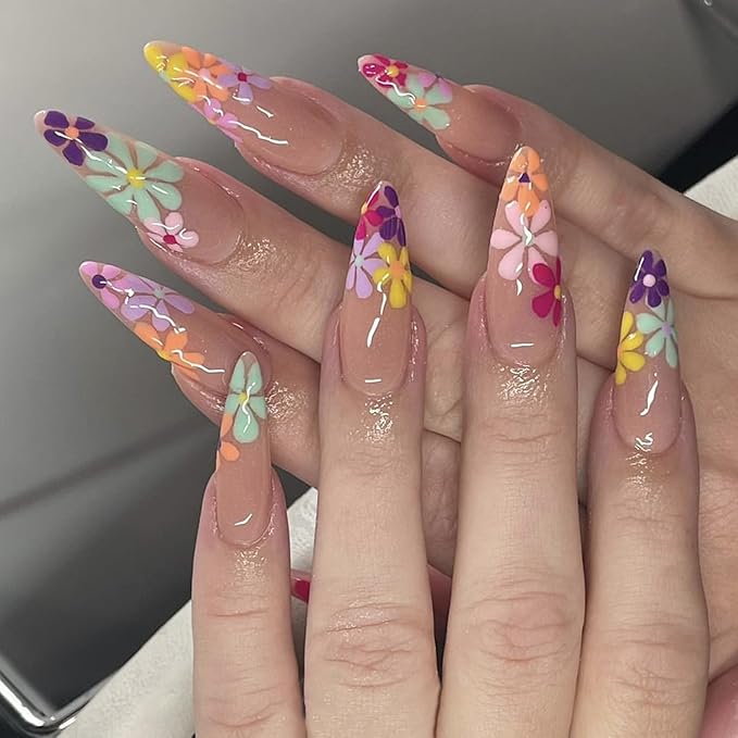 24 Pcs Nude Pink Press on Nails Long Stiletto With Daisy Flower Tips - Glue on Colorful Dopamine Exquisite Design Glossy Acrylic Almond False Nails for Women Summer Nail Art