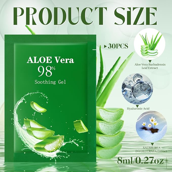 30 Pcs Travel Size Aloe Vera Gel 98% Organic After Sun Moisturizer for Face, Body, Soothing Hydrating Lotion Bulk for Winter Vacation, Guests Skin Care Gifts