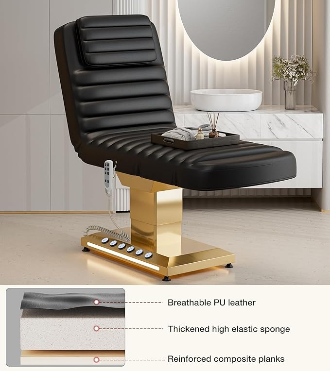 Paddie Professional Fully Electric Spa Chair, 3 Motor Esthetician Spa Bed with LED Light, Motorized Height & Angle Adjustable for Facial & Medical, 550lbs Capacity, Black