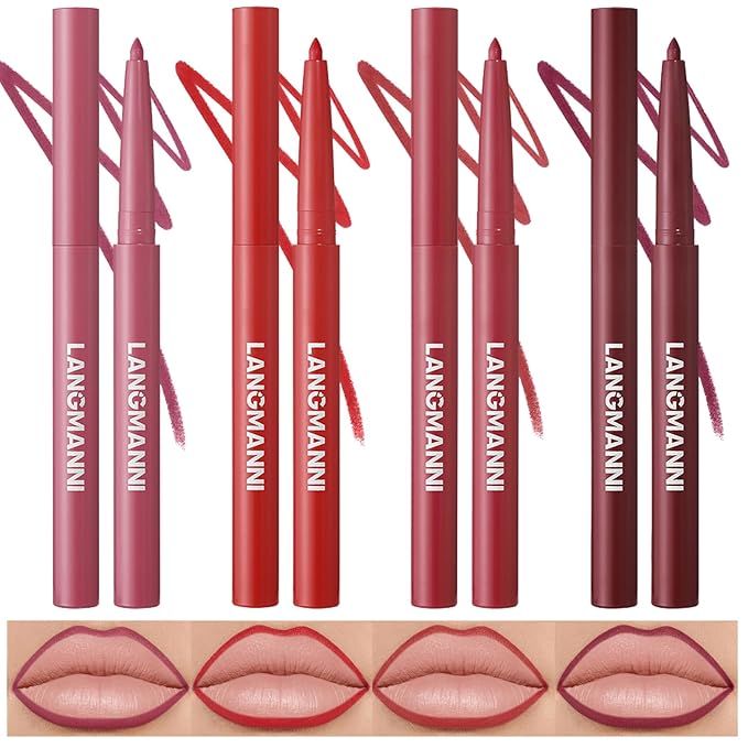 LANGMANNI 4Pcs Sculpting Matte Velvet Lip Liner Set,Smooth Creamy Texture,Waterproof And High Pigmented For Girls Daily Application Lip Makeup(9+10+11+12)