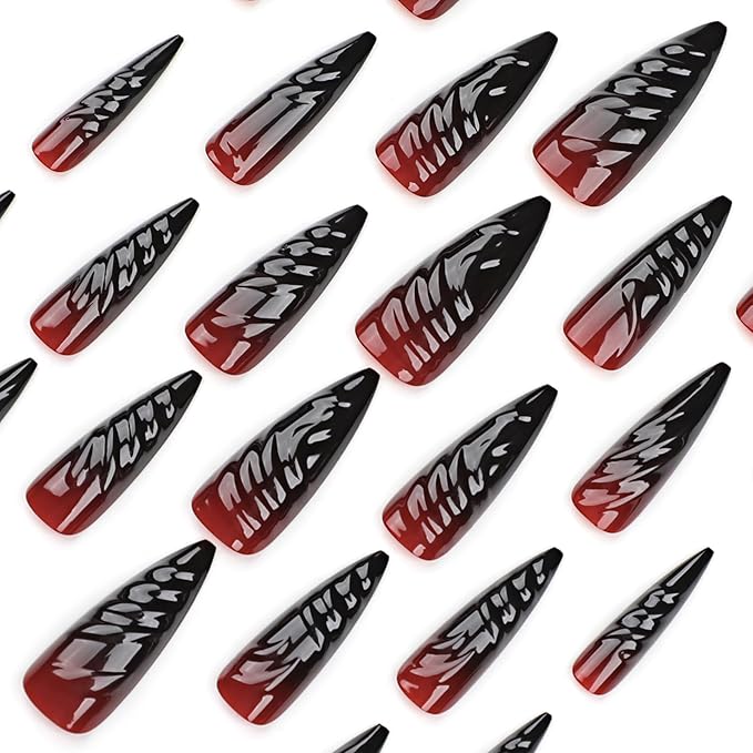 IMRAIN Press on Nails Long Stiletto Fake Nails Black Red Gradient 3D Wave Full Cover Glossy Gel Acrylic Halloween False Nails Y2K Glue Stick on Nails for Women 24Pcs