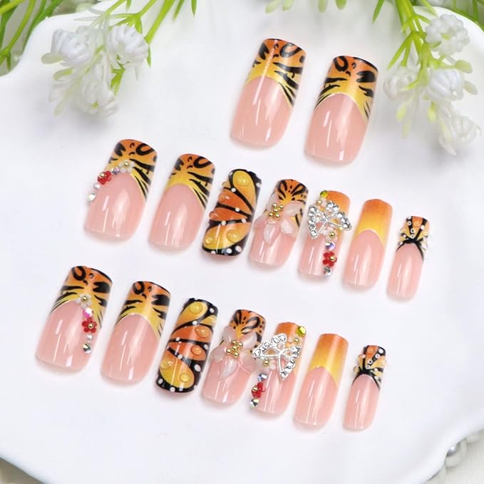 Fall Press on Nails Medium Length Square Fake Nails Orange Yellow Nails Press ons with 3D Flower Butterfly Designs French Tip Acrylic Nails for Women 24Pcs