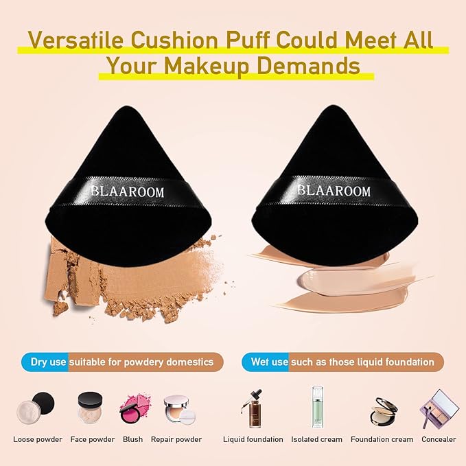 BLAAROOM 6 Pcs Velvet Triangle Powder Puff,Triangular Design Makeup Soft Sponge Puff for Face Exquisite Eyes Contouring, for Loose Mineral Body Powde Cosmetic Foundation Makeup Tool - Black