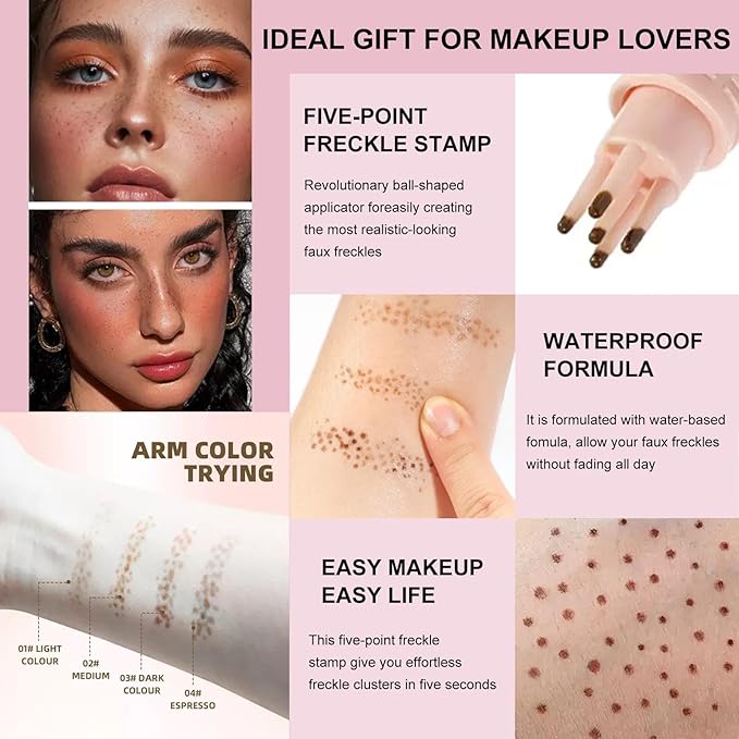 Freckle Stamp with 5 Point Precision Stamp Head, Natural Looking Faux Freckle Stamp Waterproof Fake Freckle Stamp Pen, High Pigment Long-Lasting Lifelike Sunkissed Pencil Tool Makeup (01# Light)