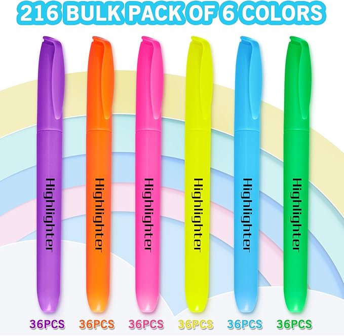 Highlighters, Chisel Tip Dry-Quickly Highlighter Markers, 216 Count-6 Assorted Colors Highlighters Bulk Pack for Adult Kids, Office Classroom Must Have, School Supplies for Teachers (2 Boxes of 108)