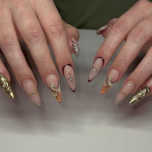 Gold Press on Nails Long Almond Fake Nails 3D Flower Rhinestones Red Edge Design French Tip False Nails Stars Stick on Nail Embossed Glossy Glue on Nail Art for Women DIY Manicure Tips
