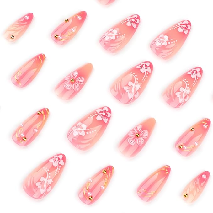 24Pcs Cute Flower Press on Nails Almond Medium Fake Nails with 3D Floral Gold Beads Design Pink False Nail Tips Glossy Glue on Nail Summer Full Cover Acrylic Stick on Nail for Women