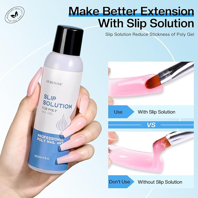 Morovan Poly Gel Slip Solution Kit: 4oz Slip Solution Liquid for Poly Gel Nails Dual-Ended Brush Pusher for Beginner