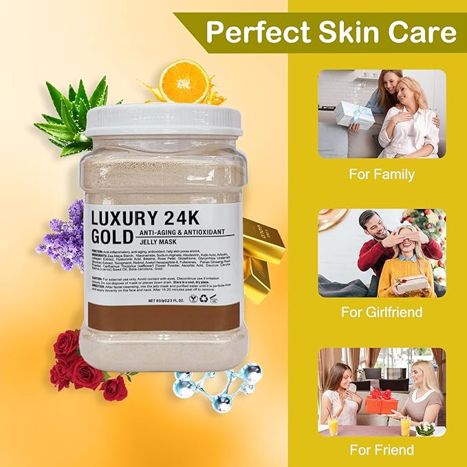 Jelly Mask for Facials Professional Natural Gel Face Masks, Hyaluronic acid Hydrating Rubber Mask Jar Face Mask SkinCare 23 Fl Oz (24K Gold)
