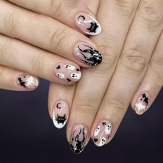 Short Almond Press on Nails Halloween Fake Nails White French Tips False Nails Ghost Love Bat Moon Black Flame with Star Design Glossy Full Cover Stick on Nail for Women Decor Nail Art Kit