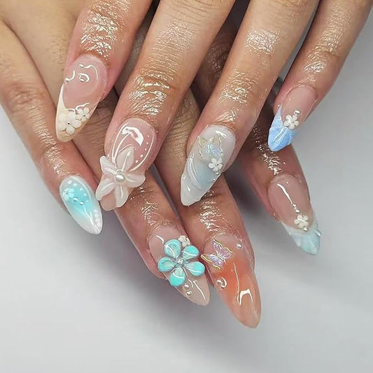 24Pcs Summer Press on Nails Medium Almond Fake Nails with Butterfly Pearl Designs 3D Starfish Stick on Nail Beach Waves False Nail Cute Flower Acrylic Nail Blue French Tip Glue on Nails for Women
