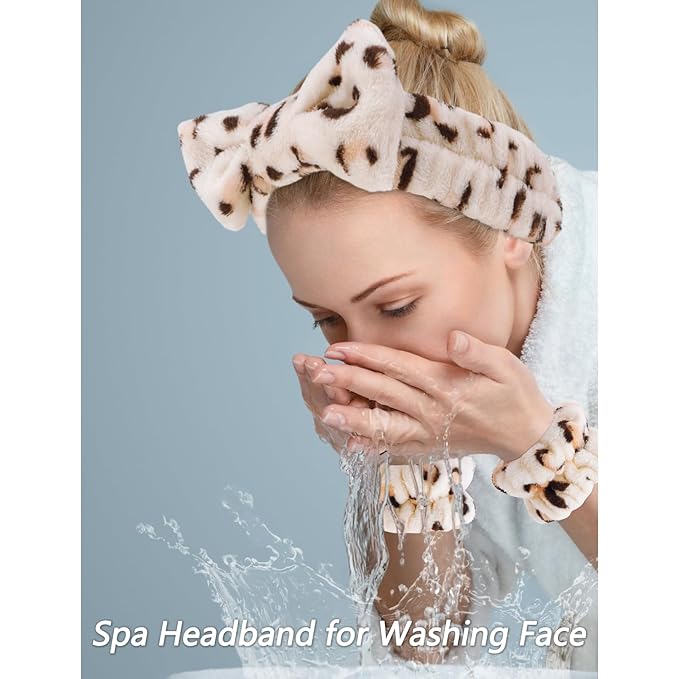 VELSCRUN 6 Pack Spa Headband, Makeup Headband, Face Wash Headbands, Skincare Headbands, Leopard Sponge Hair Band Bow Tie Spa Head Band for Washing Face Wristband Set Hair Accessories for Women Gifts
